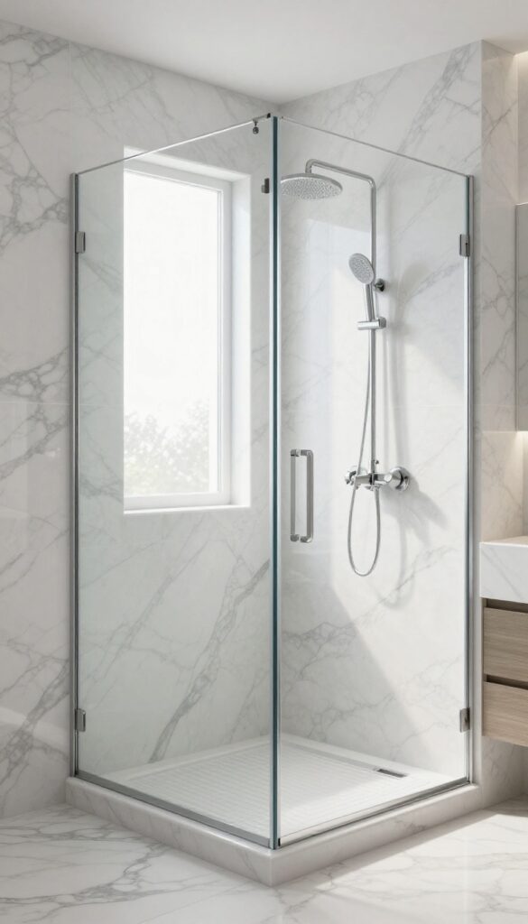 A modern bathroom with a frameless glass walk-in shower featuring marble tiles and chrome fixtures, designed for a bright and luxurious feel.
