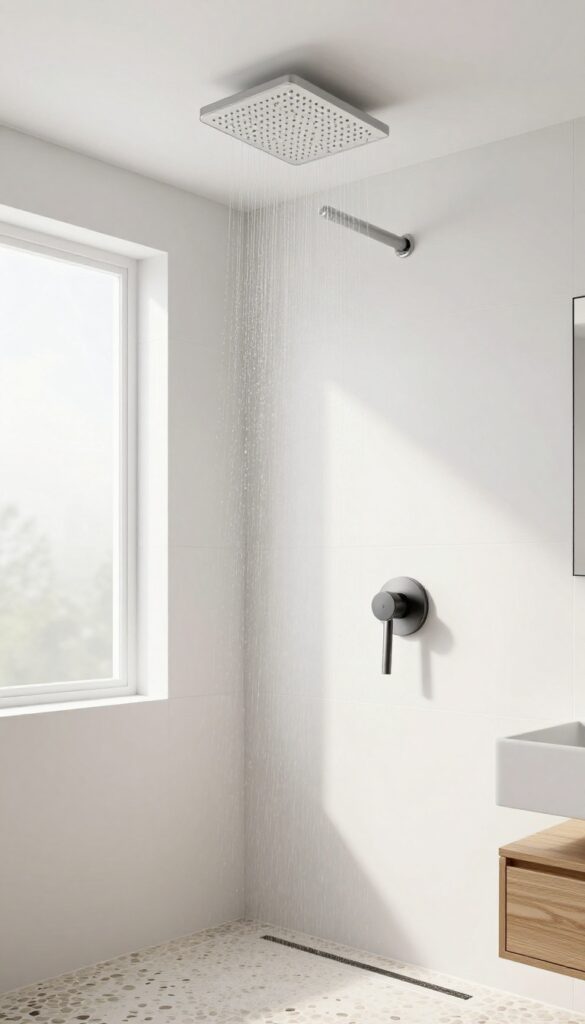 Rain shower head with wall control in a bright, spa-like bathroom