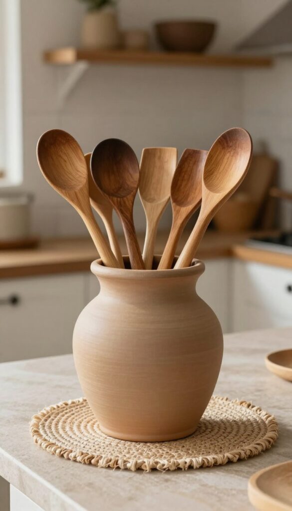 Earthenware pot filled with wooden kitchen utensils on a countertop
