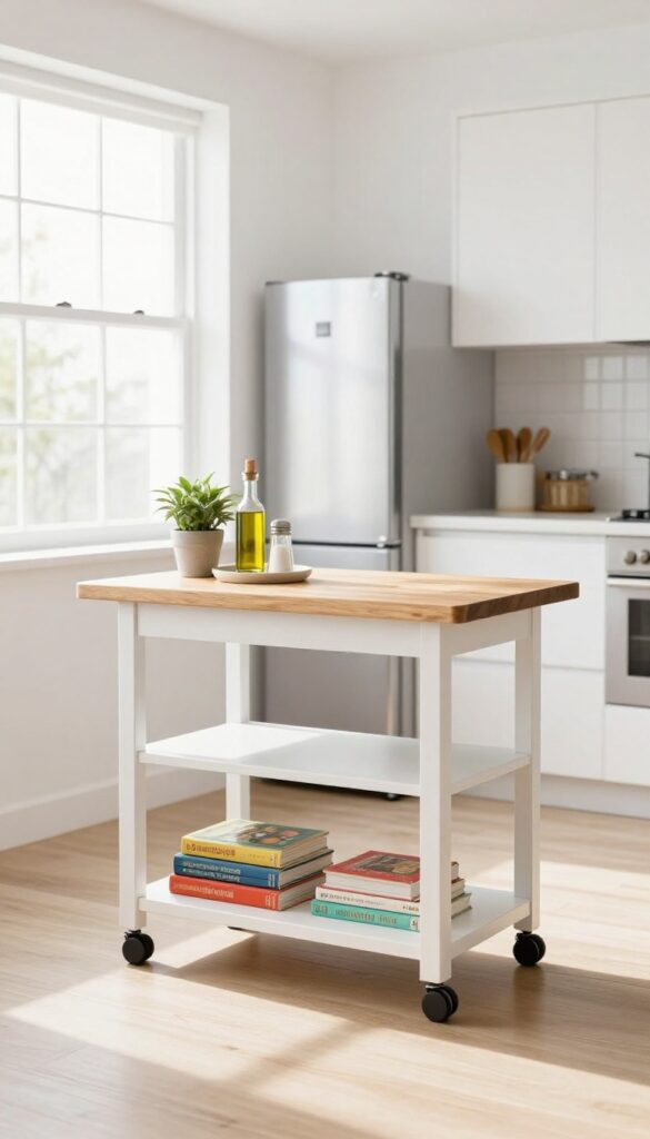 A narrow rolling cart with butcher-block top placed next to a refrigerator in a bright kitchen, holding a plant and cookbooks.