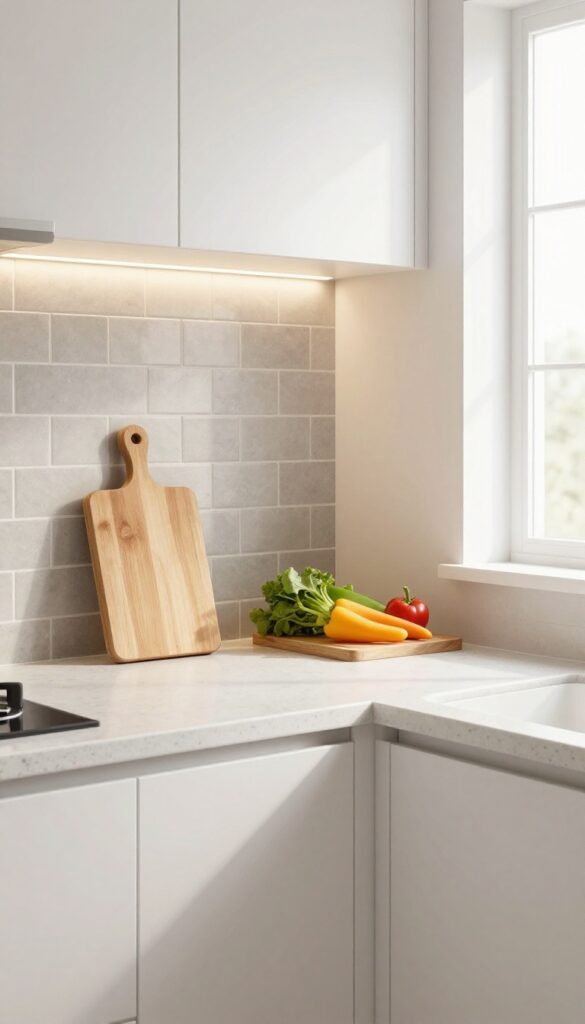 Under-cabinet lighting in a small kitchen making the countertop look spacious and bright