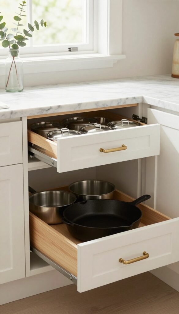 Modern kitchen corner with pull-out drawer base cabinet showing organized pots and lids.