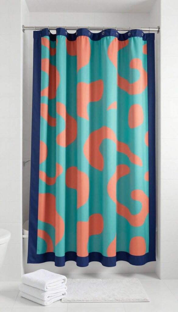 An extra long shower curtain with bold abstract swirls and solid navy borders in a bright, modern bathroom.