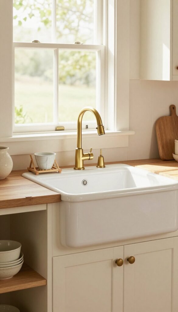 Farmhouse apron sink as focal point in bright cottage kitchen with warm wood tones and soft lighting