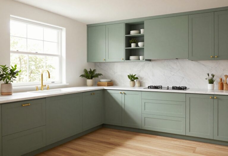 Bright kitchen with sage green cabinets and white countertops