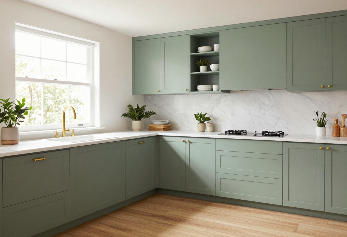 Bright kitchen with sage green cabinets and white countertops