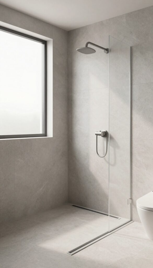 Curbless walk-in shower with continuous stone flooring and linear drain