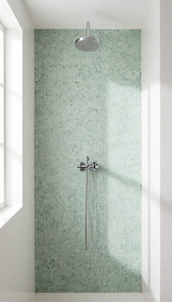 Small stand-up shower with a sage green hexagonal mosaic tile accent wall behind the showerhead