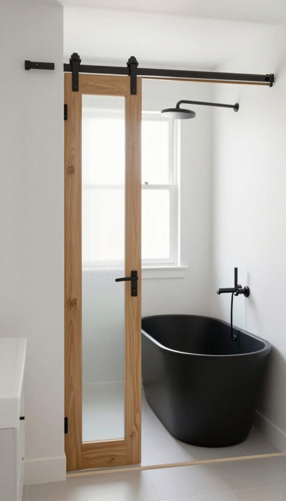 Compact bathroom with pedestal tub, overhead shower, and sliding barn door