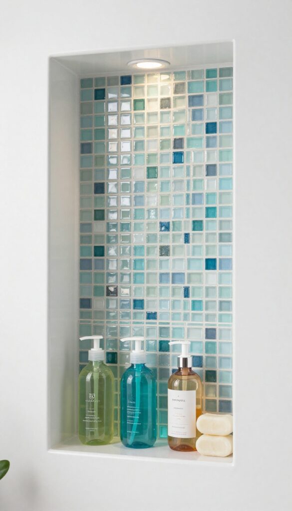 A shower niche lined with mosaic glass tiles, showcasing stylish storage with reflective surfaces and natural light in a bathroom setting.