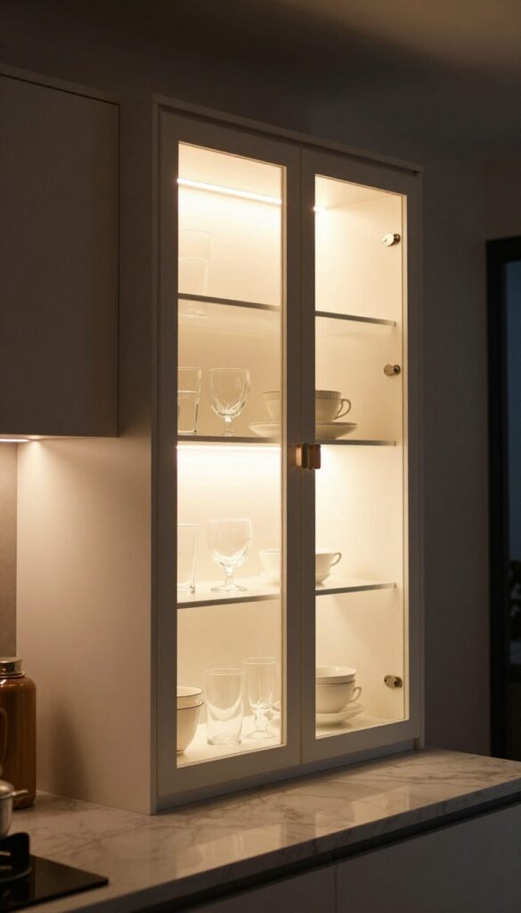Glass-front cabinets with warm interior LED lights illuminating dishes and glassware, creating a cozy and spacious feel in a small kitchen.