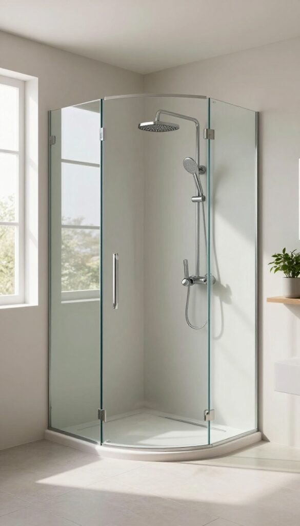 Curved glass shower screen in small corner bathroom with natural light and large-format tiles