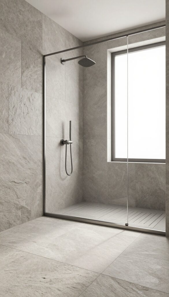 Shower floor with mixed stone and metal tile accents in a geometric pattern for a polished bathroom design