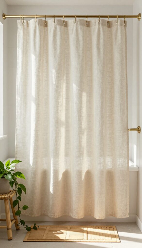 Linen shower curtain in a bright bathroom with natural light, teak accessories, and trailing plants