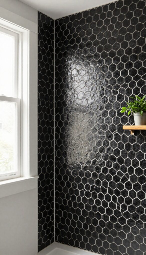 Close-up of black hexagon tiles in a herringbone pattern on a shower wall with pale gray grout, lit by natural light and accented with wood and greenery.