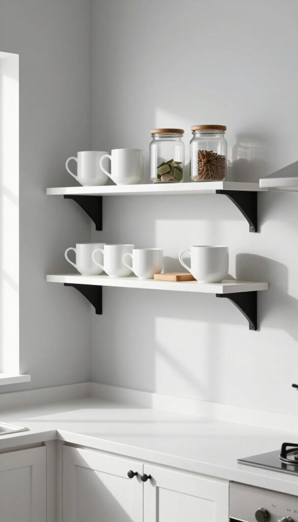 Slim white shelves in a small galley kitchen holding neatly arranged white stoneware, clear glass jars, and a wooden cutting board, with natural light and clean composition.
