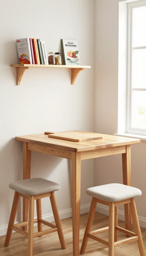 Small square butcher block table in kitchen with prep space and stools