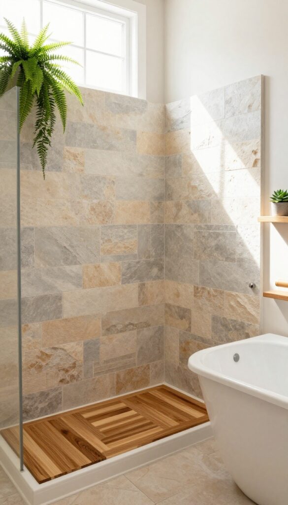 A serene bathroom with natural stone tiles in earthy tones on shower walls around a tub, featuring wood accents and lush plants for a spa-like feel.