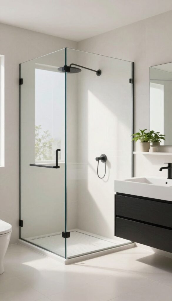 A bright, airy bathroom featuring a sleek glass shower enclosure that enhances natural light and spaciousness, with neutral tiles, matte black fixtures, and potted plants for a contemporary spa-like feel