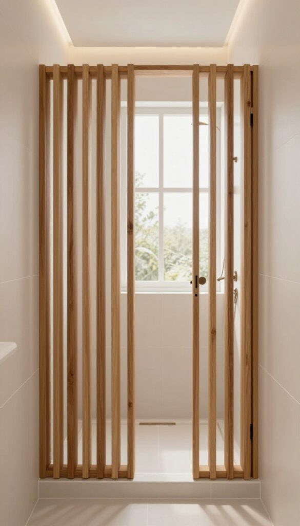 A bathroom shower with a wooden slat privacy screen covering half of a window to balance privacy and natural light in a modern farmhouse style setting.