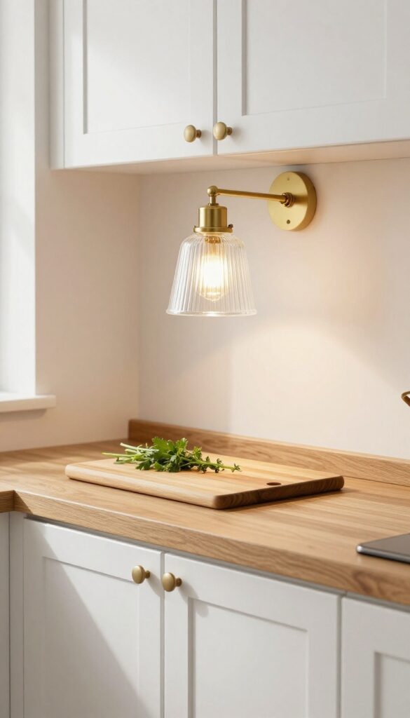 Wall-mounted swing arm sconce in a small kitchen with warm lighting and fresh herbs on countertop