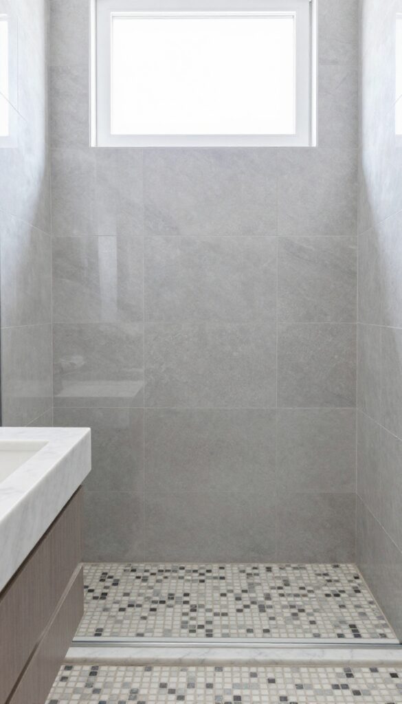 A visual guide to choosing shower tiles, showing tile samples in different sizes, finishes, and grout options under natural light in a bathroom setting.