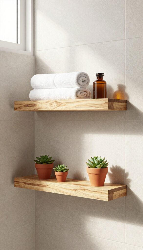 Open shelving with natural wood in a safari-themed shower