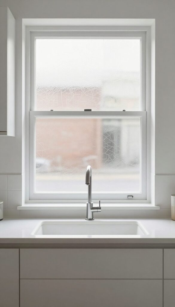 Small kitchen window with frosted glass film for privacy and light