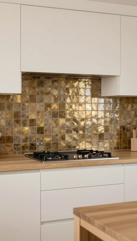 Metallic mosaic tile backsplash in bronze and brass tones behind a stove in a modern kitchen with matte cabinetry and wood countertops.