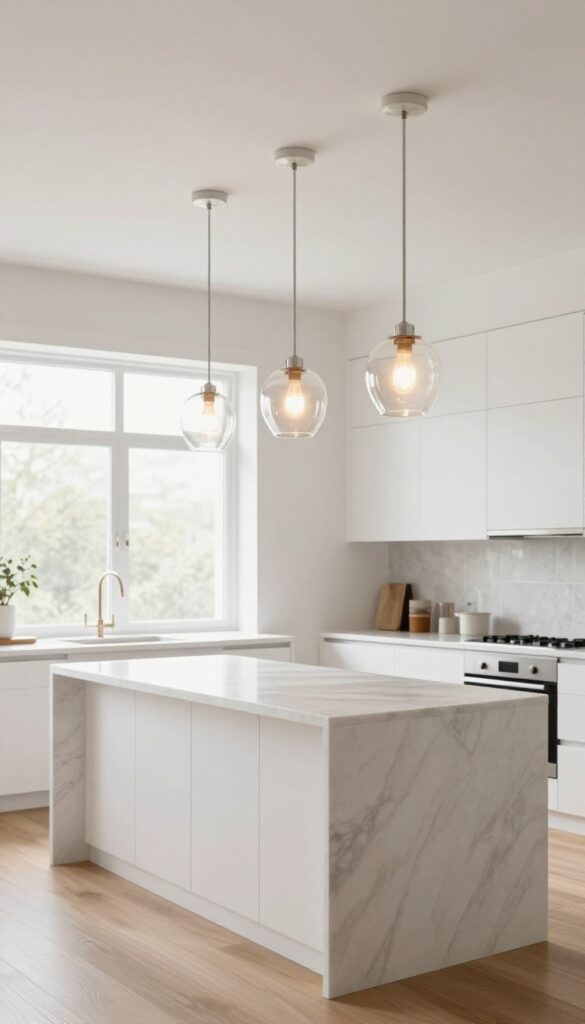 Three clear glass pendant lights over a kitchen island in a bright, airy modern kitchen.