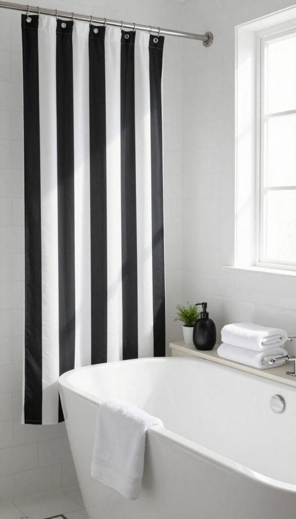 A bright bathroom with white tiles and a black-and-white vertical stripe shower curtain