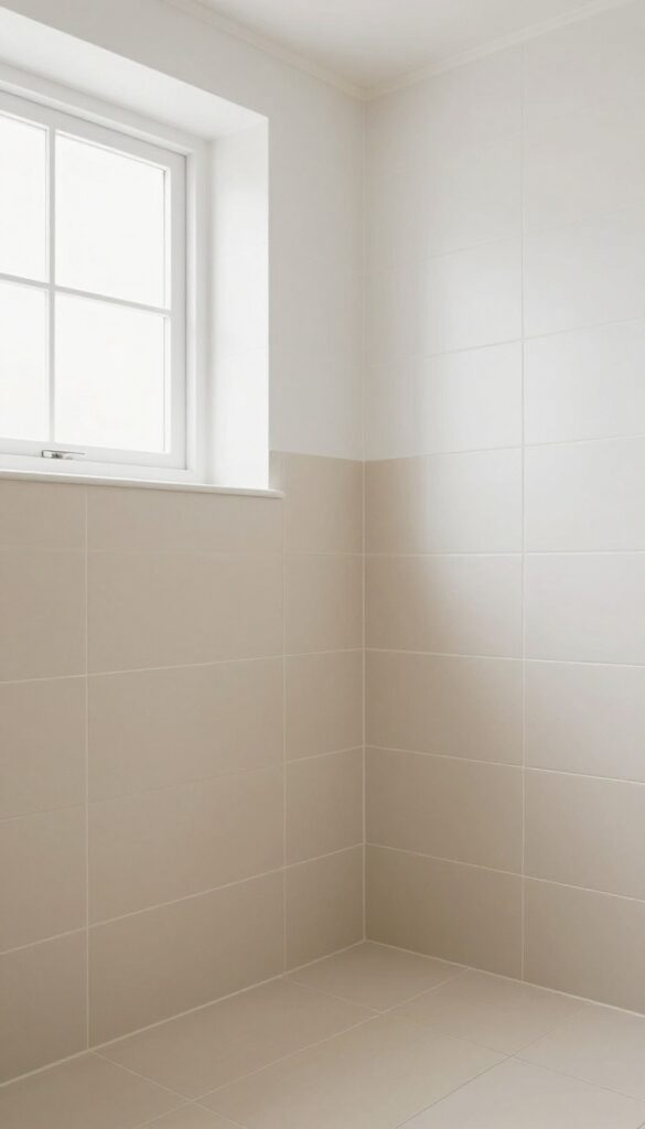 A bright bathroom shower with beige and white tile combinations for enhanced natural light and a timeless look.