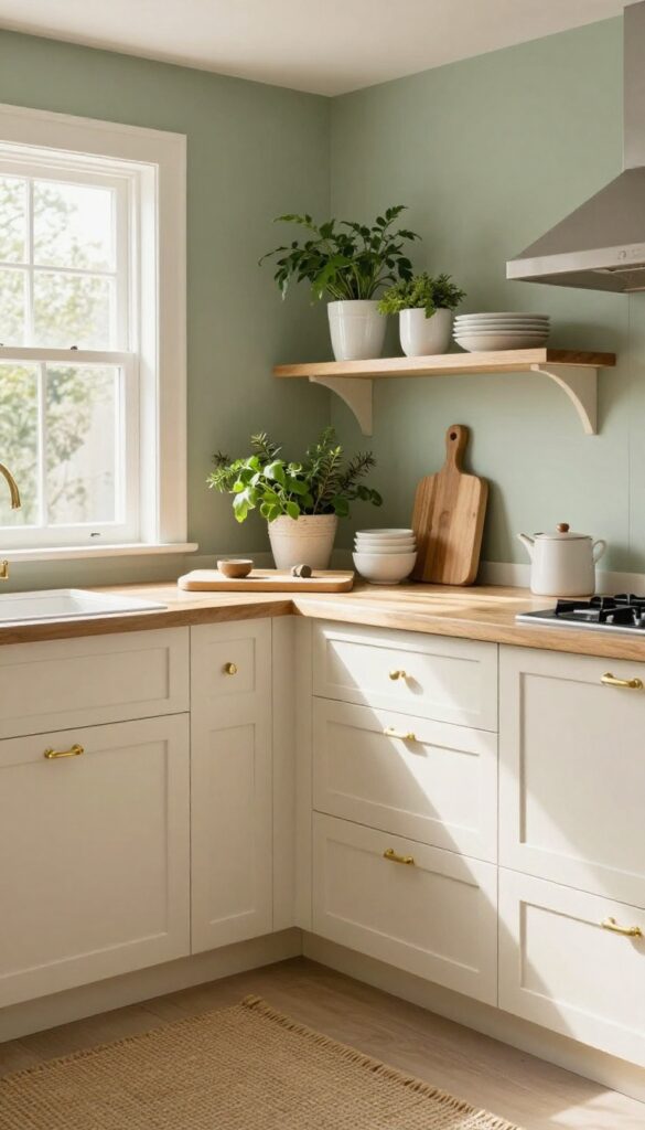 Cottage core kitchen with soft sage green walls, warm cream cabinets, butcher block countertops, brass hardware, linen curtains, and jute rug in natural light.