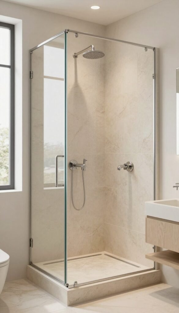 A built-in bench integrated into a pony wall in a shower, featuring stone tiles and natural light, designed for relaxation in a polished bathroom setting.