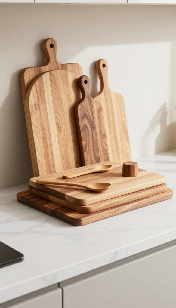 Wooden cutting boards stacked on a kitchen counter against a backsplash