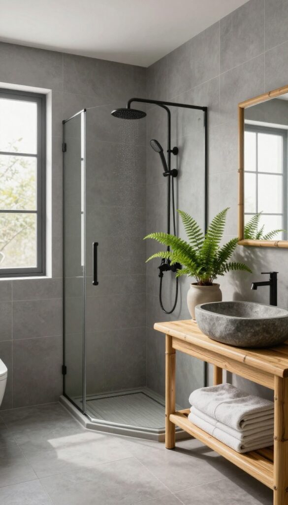 A serene bathroom with grey tile shower accents complemented by natural materials like bamboo shelves, stone basin, and live plants in bright natural light.