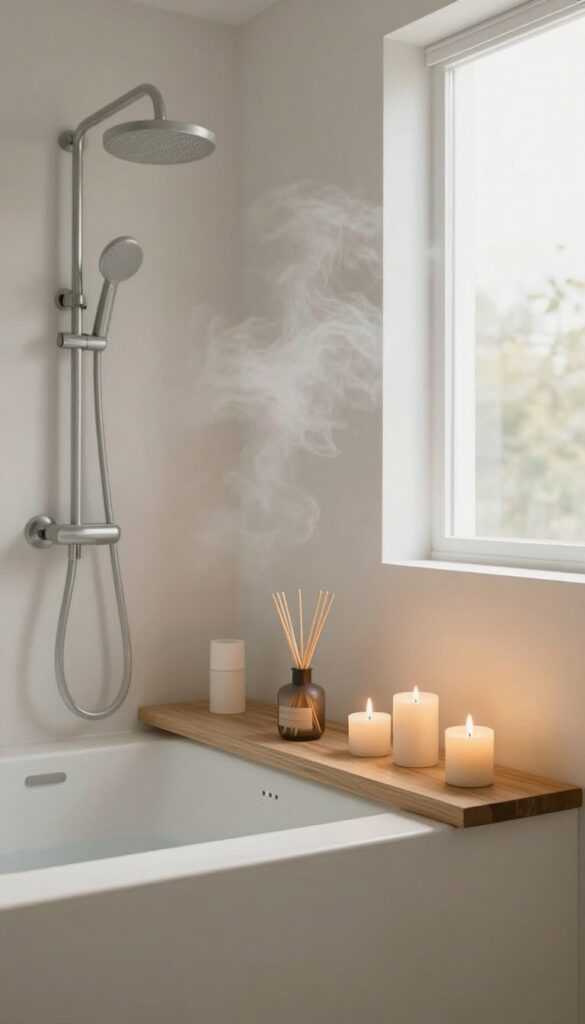 Aromatherapy diffusers and candles on a shelf in a bright, clean bathroom spa shower setting for relaxation.