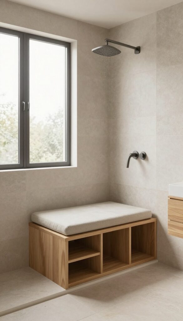 A photorealistic bathroom shower with a half wall and built-in bench for comfortable seating, showcasing spa-like luxury in natural light.