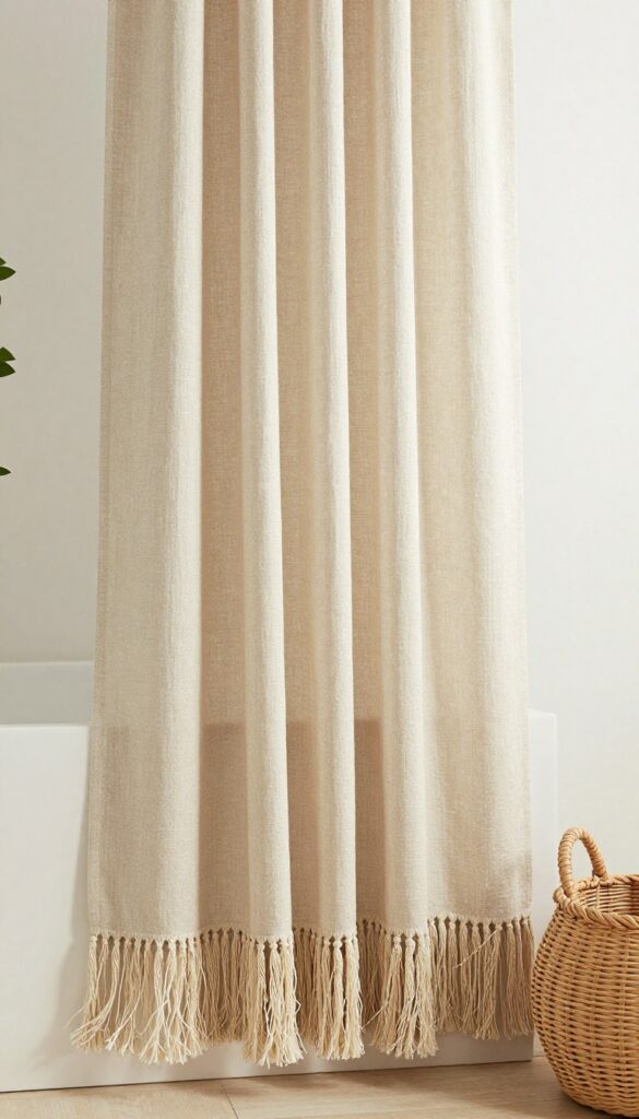 A boho bathroom with a bold fringe shower curtain in natural light, featuring textured tassels on linen, neutral decor with wood and plants for a polished look.