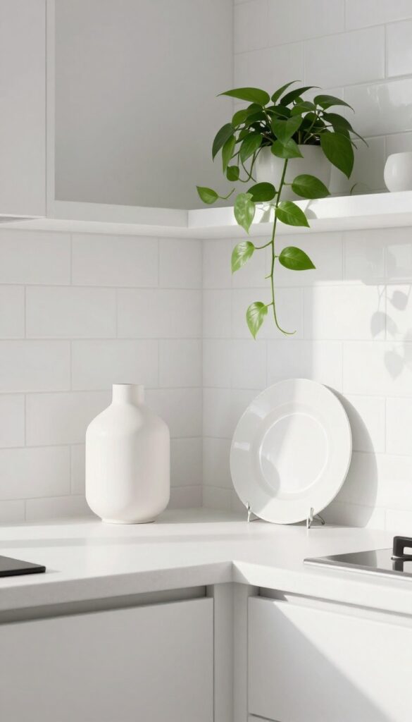 Minimalist white-on-white open shelves in a bright kitchen with ceramic decor and a trailing plant