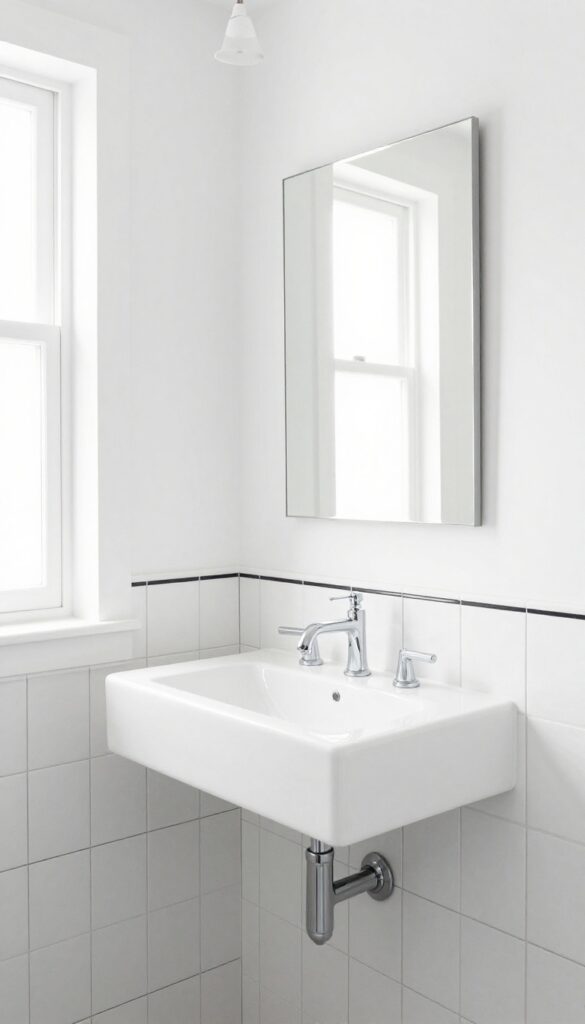 White bathroom featuring black tile wainscoting as wainscoting with white fixtures and chrome accents, showcasing a classic and modern design in natural light.