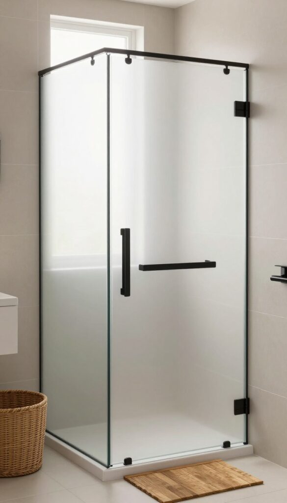 A modern bathroom featuring a frameless frosted glass shower door with matte black hardware, natural light enhancing the open feel, neutral tiles, and warm accents like a wooden mat and baskets.