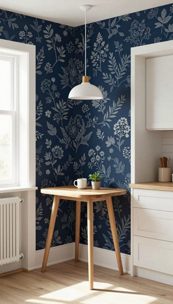 Cozy kitchen nook with dark floral wallpaper, natural wood console table, pendant light, and minimal decor