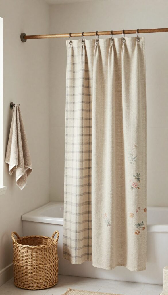 A rustic reversible shower curtain in a bathroom with plaid and floral patterns, hung on a wooden rod with metal rings, surrounded by neutral decor and woven accents.