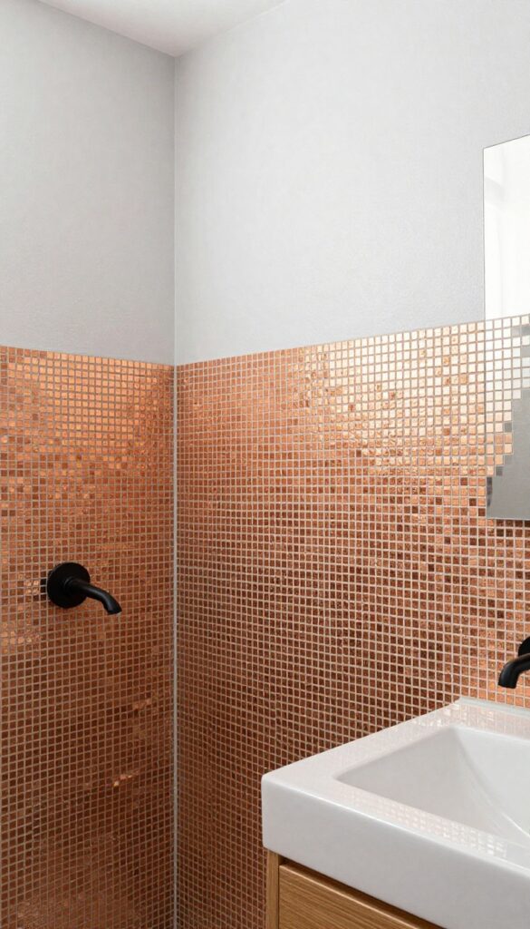 Close-up of a shower backsplash with copper mosaic tile accents in a bright, modern bathroom, showcasing reflective surfaces and sophisticated design for a luxurious upgrade.