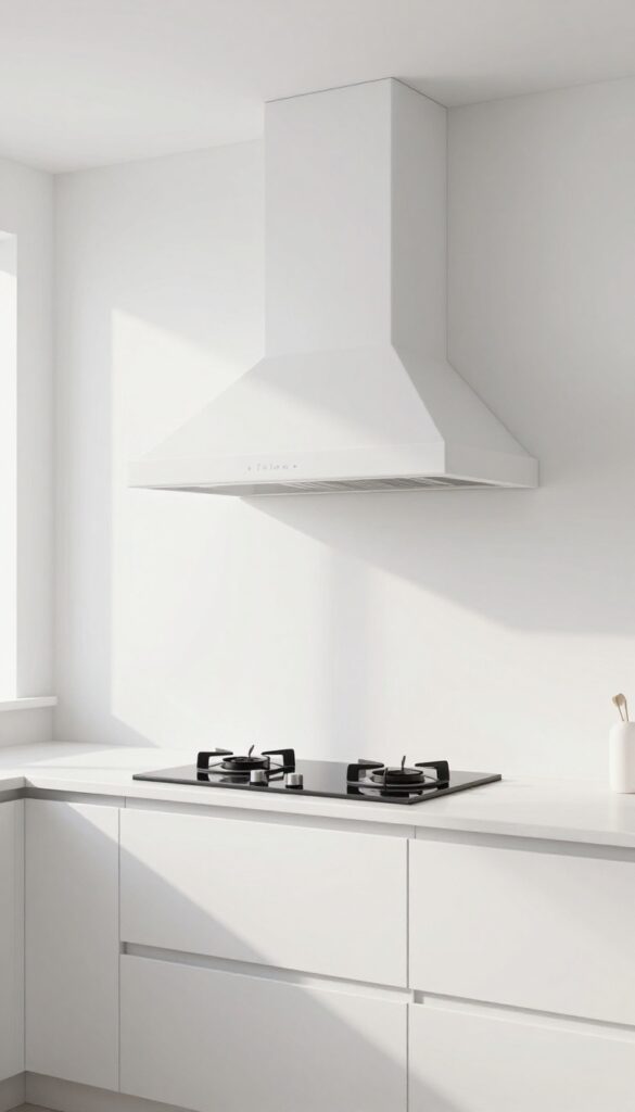 White chimney hood blending into white wall in a bright minimalist kitchen