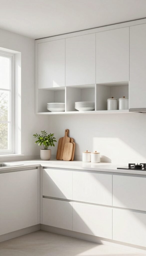 Modern kitchen with closed cabinets and open shelving displaying dishes and plants
