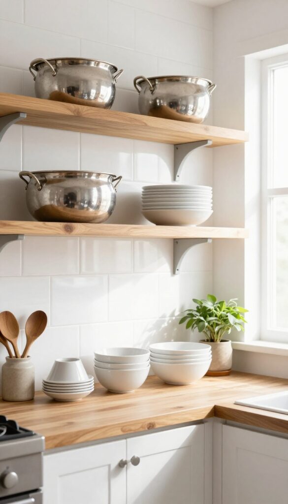 Open shelving in an Indian kitchen with steel thalis, matkas, ceramic bowls, and a plant.