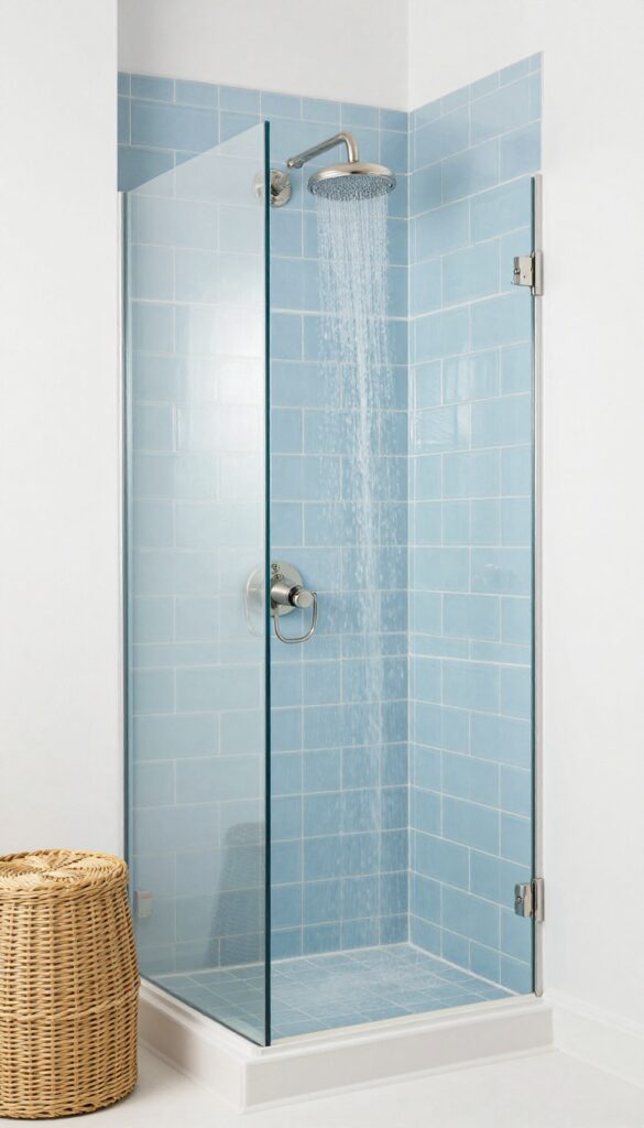 Coastal bathroom shower featuring soft blue subway tiles with white grout, natural light, teak stool, and brushed nickel fixtures for a calm, spa-like atmosphere.