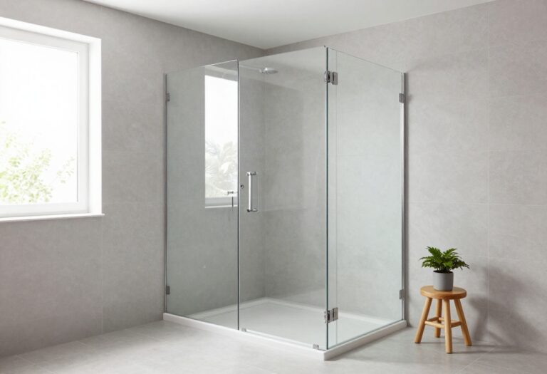 Modern walk-in shower with large light gray tiles, rainfall showerhead, and minimalist decor in a bright, serene bathroom setting.